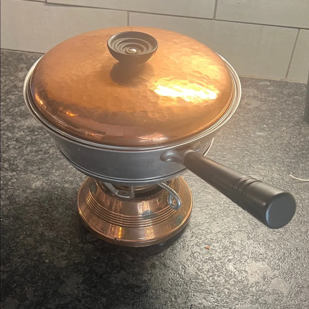 Vintage Copper and Silver Chafing Dish with Lid/ Fondue pot ..